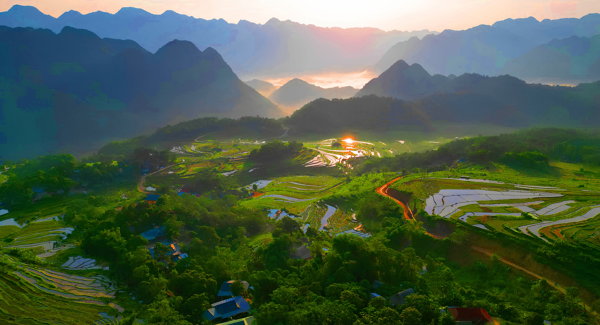 Sunrise over terraced rice fields and karst mountains in Ninh Binh.